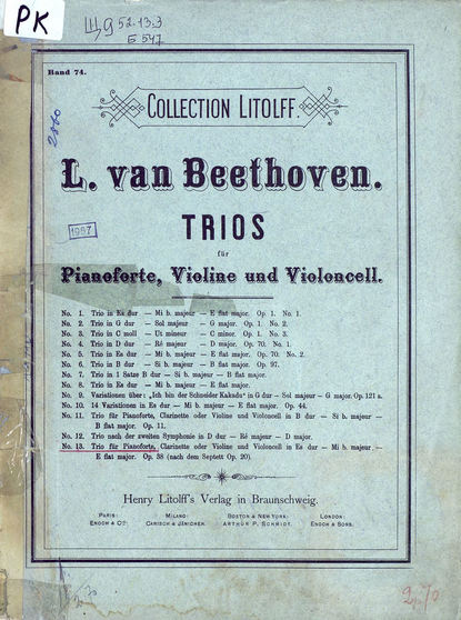 Trio fur Pianoforte, Clarinette oder Violine und Violoncell in Es dur (Mi b. majeur) - ноты
