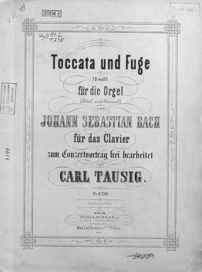 Toccata und Fuge (D-moll) fur die Orgel v. Jogann Sebastian Bach - ноты