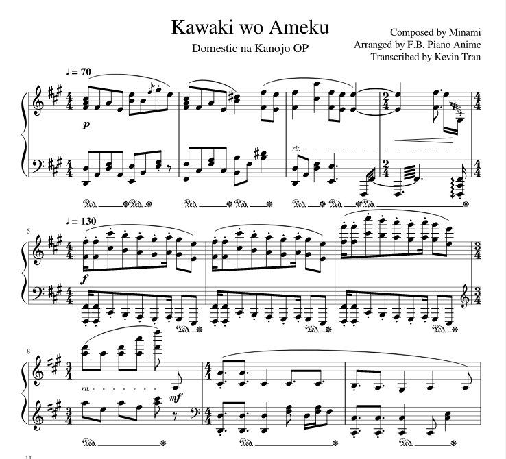 Domestic na Kanojo OP - Kawaki wo Ameku - ноты