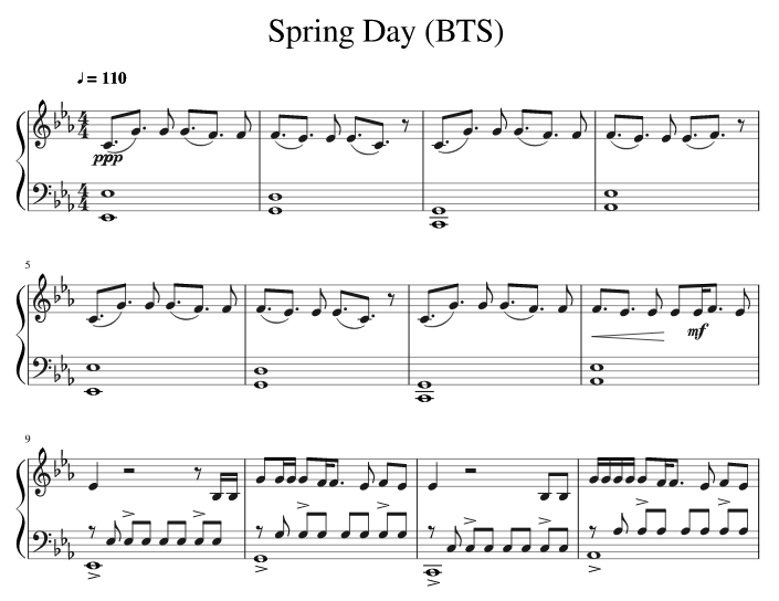 bts spring day ноты для фортепиано