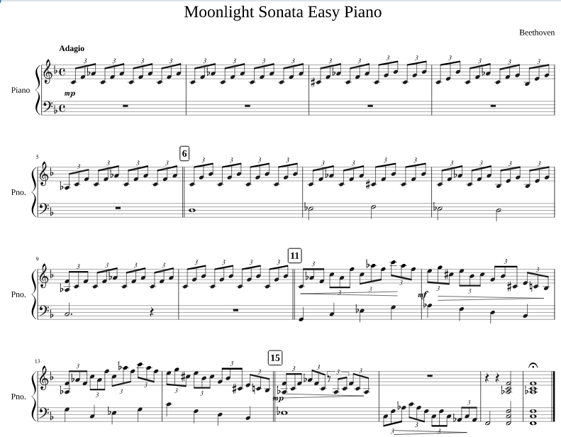 легкая версия нот для пианино Лунной сонаты Бетховена