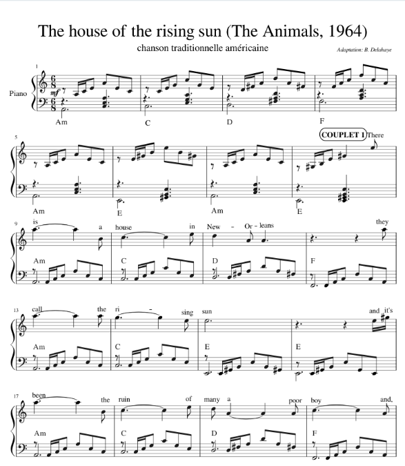 ноты для фортепиано house of the rising sun